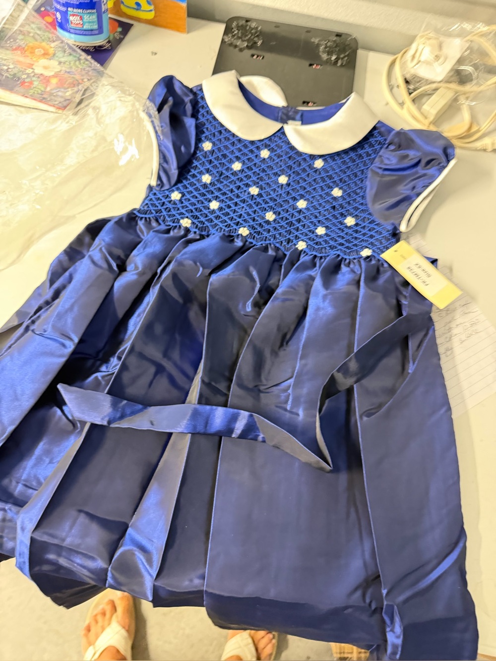 Smocked Navy blue 6X girls dress satin new with tags